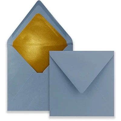 Image of 100 Square Letter Envelopes 15.5 x cm Grey Blue (Blue) Lined with Gold Paper Wet Adhesive FarbenFroh by Gustav Neuser