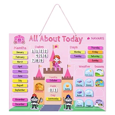 Image of Navaris Kids Magnetic Calendar Board My First Daily Magnet Stickers Wall Chart with Seasons, Weather, Months for Children Pink Princess