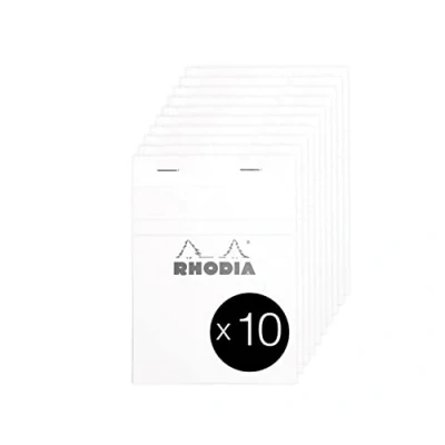Image of RHODIA 13201C Stapled Notepad N13 White A6 Small Squares 80 Detachable Sheets 80G Clairefontaine Paper Coated Card Cover Pack of 10 pads