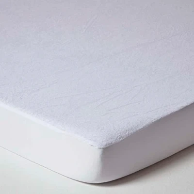 Image of HOMESCAPES Double Terry Towelling Waterproof Mattress Protector 100% Cotton Pile Top Breathable Hypoallergenic Washable with Fully Elasticated Thick Stretch Fabric Skirt