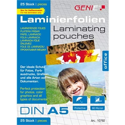 Image of Genie 10782 (Glass Clear Laminating Pouches 80 Micron for Sizes up to DIN A5, Suitable All Heat Nier Devices) Pack of 25