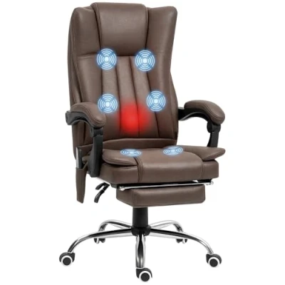 Image of Vinsetto Reclining Office Chair with Massage and Heat, Microfibre Computer Desk Footrest for Home Adjustable Height, Padded Arm, Swivel Wheels, Dark Brown