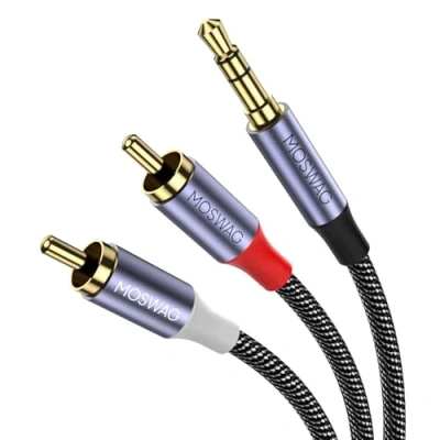 Image of MOSWAG RCA Cable,2RCA to 3.5mm Audio Cable 10ft/3M Hi Fi Sound Nylon Braided AUX Compatible with DJ Controller Speaker Turntable TV Car Stereo Amplifer Phone Gold Plated