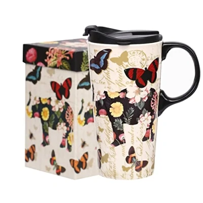Image of DUSVALLY Ceramic Mug Coffee Tall Travel with Lid and Gift Box 17oz.Butterfly