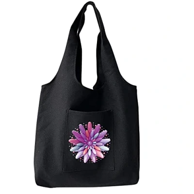 Image of FINDING CASE Reusable Heavy Duty Shopping Medium Tote Bag 100% Cotton Canvas with Strong Matching Handles,Shopping Bags Large Capacity Inner Pocket (Purple Flower)