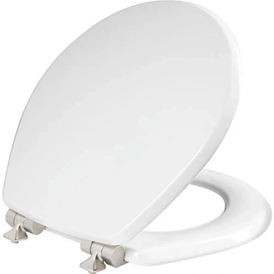 Image of MAYFAIR 26NISL 000 Benton Toilet Seat with Brushed Nickel Hinges Will Slow Close and Never Come Loose, Round, Durable Enameled Wood, White