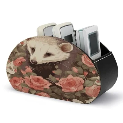 Image of YKUDBN PU Leather Remote Control Caddy, Opossum And Roses Print 5 slot Organizer for Remotes, Gadgets, Office Supplies