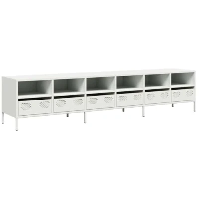 Image of vidaXL tv cabinet/stand sideboard white cold rolled steel, 202x39x43.5cm, modern large storage unit with drawers &amp; compartments for living room/bedroom