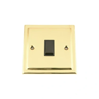 Image of Light Switch 1 Gang Victorian Polished Brass Black Insert Plastic 10 Amp Single 2 Way