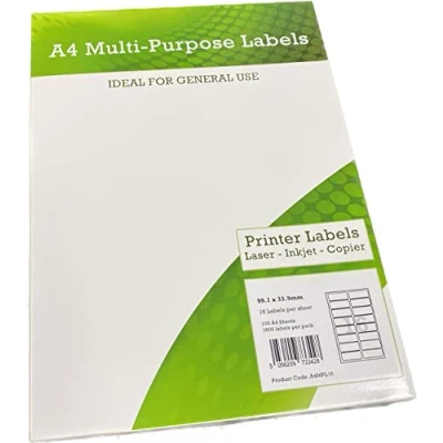 Image of Thomas Stoners A4 Multipurpose Labels 16 Per Sheet 99.1 x 34mm (White) Pk of 100 1600 Easy to Peel Self Adhesive Address