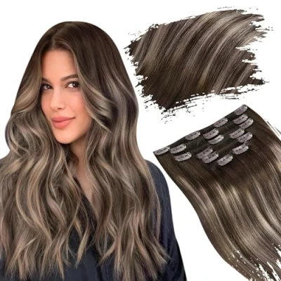 Image of Ugeat Chocolate Brown Balayage Ash Hair Extensions Clip in Ombre Real Seamless #4/18/4 16inch