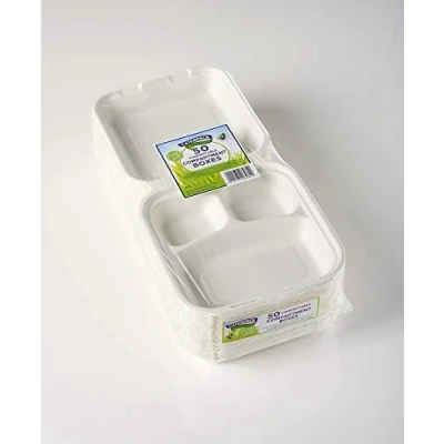 Image of Caterpack Enviro Range Compartment Boxes 8 x with 3 compartments 50 Pack. Disposable, biodegradable food compartments. Suitable for microwaving and freezing, water repellent greaseproof