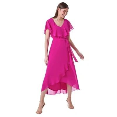 Image of Roman Originals Frill Dress for Women UK Ladies Summer Wrap Chiffon Hem Layered Belted Midi Maxi Tiered Cape Special Occasion Fit &amp; Flare Wedding Guest Swing Skater Fuchsia Size 10