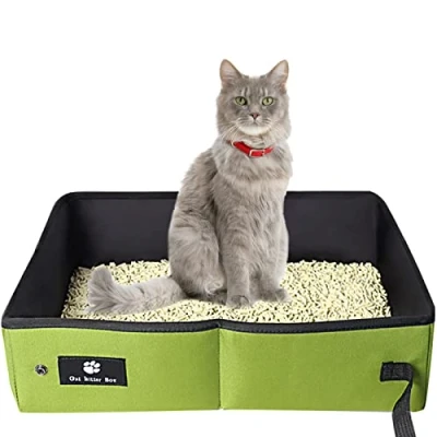 Image of Foldable Cat Litter Box, Portable Tray, Kitten Travel Waterproof, Easy to Clean, Useful Used for Travel, Outdoors, Camping, Home Use, 45x35 cm, Green