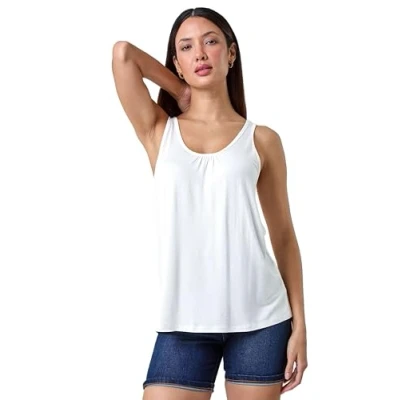 Image of Roman Originals Vest Top for Women UK Ladies Tank Tops Tunic Summer Blouse Cami Camisole V Neck Stretch Jersey Casual Sleeveless Beach Party Lounge Holiday Work Soft Spring Plain Ivory Size 18