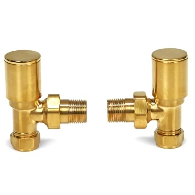 Image of Brushed Brass Radiator Valves Angled Straight Corner 15mm Traditional Towel Rail Pair (Angled)