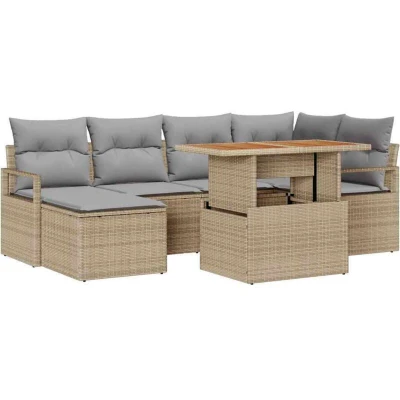 Image of vidaXL 7 Piece Garden Sofa Set with Cushions Beige Poly Rattan Acacia