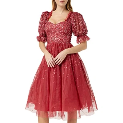 Image of Maya Deluxe Women&#039;s Ladies Dress Midi Sequin Embellished Frilly Sweetheart Neckline Puffed Sleeves for Wedding Guest Prom Evening, Vermillion, 24