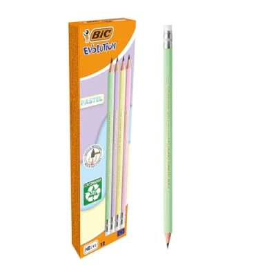 Image of BIC Evolution Pastel Graphite Pencils with Eraser and Shock Resistant HB Lead 4 Different Barrel Colours, Pack of 12