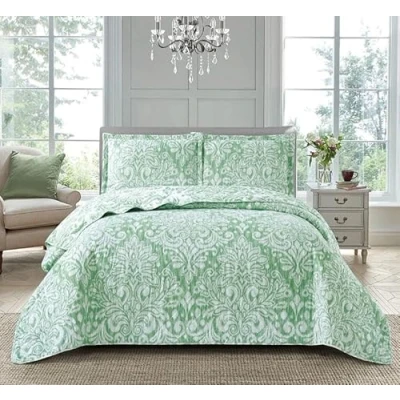 Image of Householdfurnishing 3 Piece Printed Patchwork Bedspread Quilted Bed Throw Comforter with Pillow Shams (Royal Damask Green, Super King)