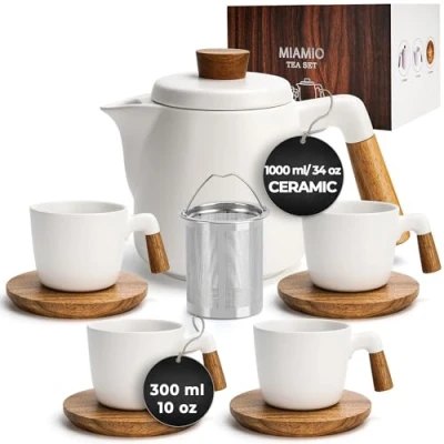 Image of MIAMIO 1000 ml Ceramic Tea Pot Set with Infuser and Cups/Tea Strainer, 4 Mugs (300 ml), Bamboo Saucers/Handle for Home Office (White)