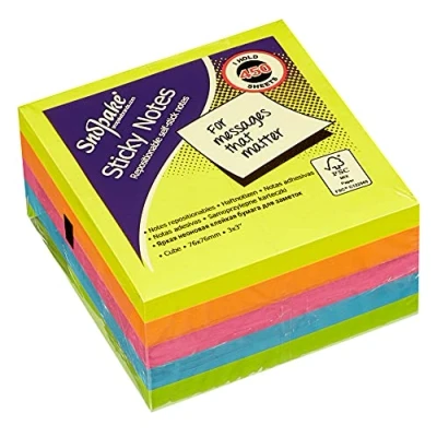 Image of Snopake 76 x mm Neon Assorted Sticky Notes [Cube of 450 Sheets] 11702, Neon/Assorted Colours
