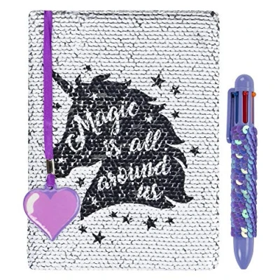 Image of Fringoo® Reversible Sequin Diary with Multipoint Rainbow Pen for Girls Boys A5 Notebook Bookmark Glitter School Unicorn Notepad 80 Pages (Magic All Around)