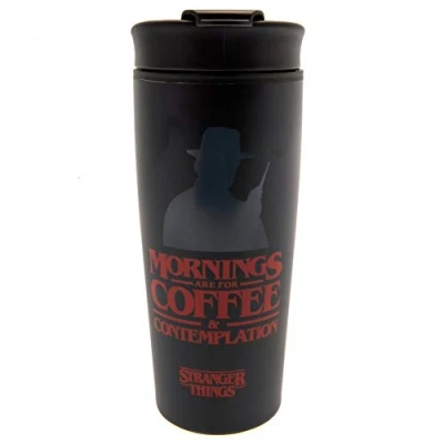 Image of Pyramid International Stranger Things Double Walled Eco Travel Cup with Resealable Non Drip Lid, Coffee and Contemplation Graphic 370ml/13ox Official Merchandise