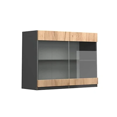 Image of Vicco Glass kitchen cabinet Raul, Gold power oak/Anthracite, 80 cm J Shape