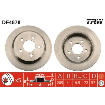 Image of 52008184, 52008184AB Brake disc TRW DF4878 285mm 11mm 5 114,3mm solid Painted JEEP: Grand Cherokee I, WRANGLER 2
