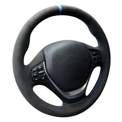 Image of Alfanxi Hand Stitch Sewing Italy Alcantara Car Steering Wheel Cover Wrap for BMW ActiveHybrid 3 Baseries (Black Alcantara+Blue Stripe)