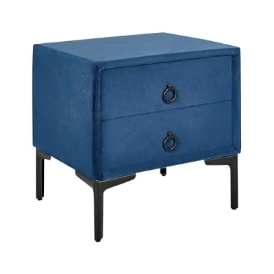 Image of Velvet Bedside Table Nightstand Blue 2 Storage Drawers Black Metal Legs Sezanne