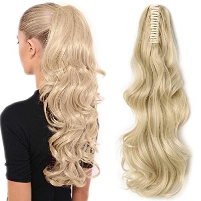 Image of Women Ladies Ponytail Clip In On Hair Extensions Claw 18&quot; Inch Curly Hairpieces Bleach Blonde(45cm 140g)