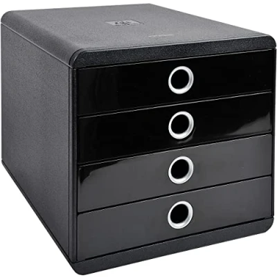 Image of Exacompta Ref 314438D Glossy Pop Box 347 x 278 267mm in Size, Suitable for Storing A4+ Documents, 4 Closed Drawers, Smooth Drawer Action Black/Silver