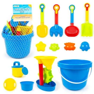 Image of abeec Bucket Beach Toy Set Outdoor Water and Sand Toys for Kids 13pc Includes: Bucket, Can, Bowl, Wheel, Moulds, Shovels More Play
