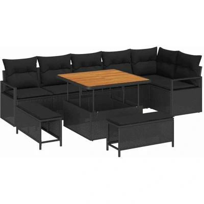 Image of vidaXL 9 Piece Garden Sofa Set with Cushions Black Poly Rattan Acacia