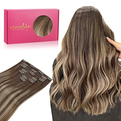 Image of WENNALIFE Hair Extensions Clip In, 16 Inch 120g 7pcs in Real Human Balayage Chocolate Brown to Honey Blonde Remy Coloured