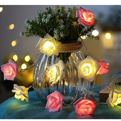 Image of Fantes LED Rose Flower String Lights Battery Operated for Wedding Party Birthday Festival Decor (Pink + Warm White, 16.ft 50LED)