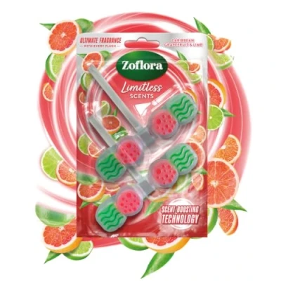 Image of Zoflora Toilet Block, Antibacterial Freshener, Limitless Scents Caribbean Grapefruit &amp; Lime, Pack of 2, with Scent Boosting Technology