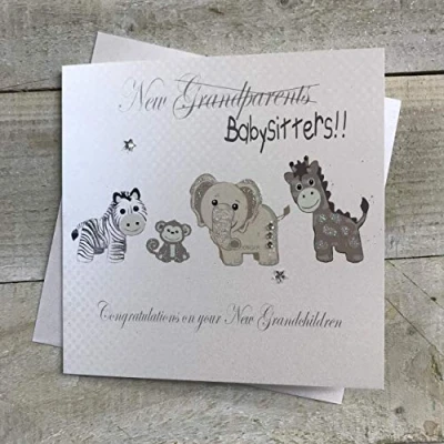 Image of White Cotton Cards Silver Toys, Babysitters Congratulations Grandchildren Handmade Twins/Triplets New Grandparents Card, PD231