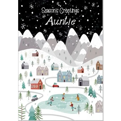 Image of doodlecards Auntie Christmas Card Mountain Scene In Snowy Village Medium Size for with Plain Envelope