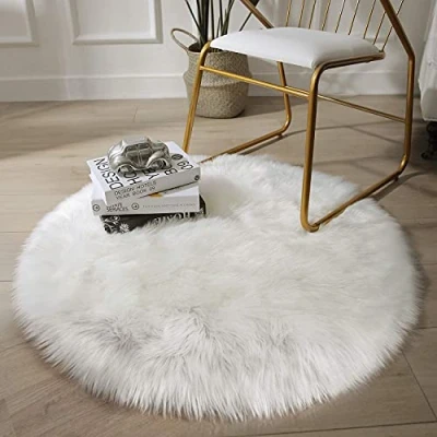 Image of HEQUN Circular Faux Fur Sheepskin Style Rug Fleece Chair Cover Seat Pad Soft Fluffy Shaggy Area Rugs For Bedroom Sofa Floor (White, 90 X CM)
