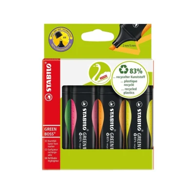 Image of Eco Friendly Highlighter STABILO GREEN BOSS Pack of 4 Green, Pink, Orange, Yellow