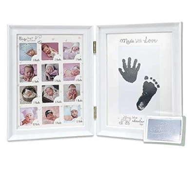 Image of Baby Handprint Kit and Footprint Photo Frame for Newborn,Babyprints Paper &amp; Ink Pad Memorable Keepsakes Shower Boys Girls Gift Set,Decorations Room Wall or Nursery Décor (White)