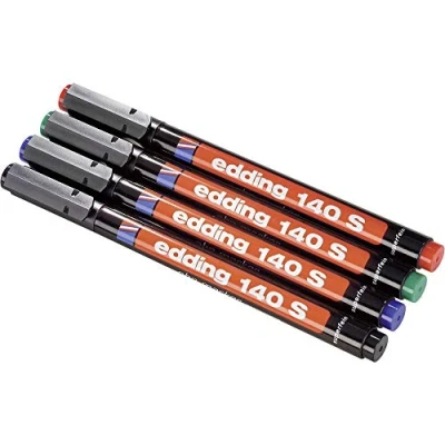 Image of edding 140 S permanent pen set of 4 multi coloured round nib 0.3 mm for writing on glass, plastic, foils and smooth surfaces permanent, quick drying, smudge proof waterproof