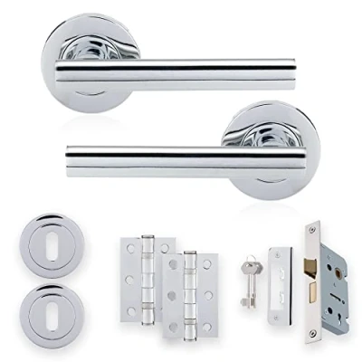 Image of XFORT Polished Chrome Liberty Lever On Rose Lock Pack, Complete Set with T Bar Door Handles, 65mm Sashlock, 75mm Ball Bearing Hinges and Escutcheons, for Wooden Doors Requiring Key Locking Security.
