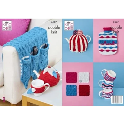 Image of King Cole DK Knitting Pattern Sofa Caddy Tea &amp; Mug Cosy Coasters Hot Water Bottle Cover (6007)