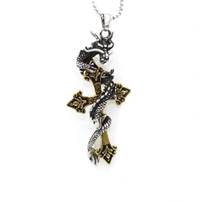 Image of MayiaHey Gothic Dragon Cross Necklace for Men, Gold Sword Hip Hop Silver Pendant (Gold)
