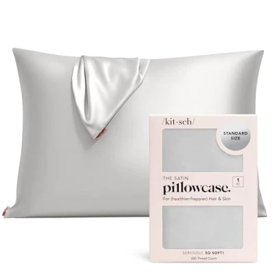 Image of Kitsch 100% Satin Pillowcase with Zipper, Softer Than Silk for Hair &amp; Skin, Cooling Pillow case, Case Cover (Standard/Queen (1 Pack), Silver)