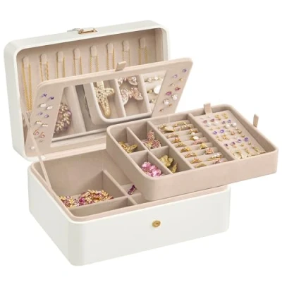 Image of SONGMICS Jewellery Box with Mirror, 2 Layer Storage Organiser, Travel Case, Removable Tray, 17.6 x 22 11 cm, Earring Necklace Storage, Gift Idea, Cloud White JBC200W01